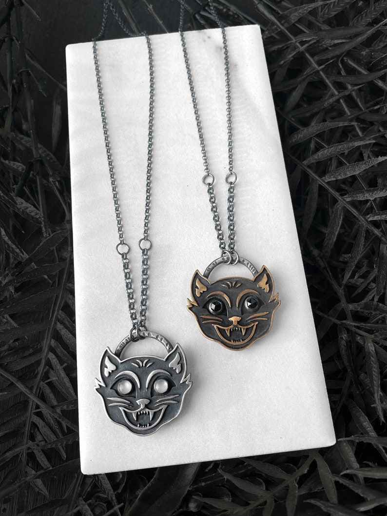 Spooky Halloween Cat Necklace Vintage Halloween Handmade Cat Jewelry Sterling Silver & Bronze Pendants with Moonstone Black Spinel image 5