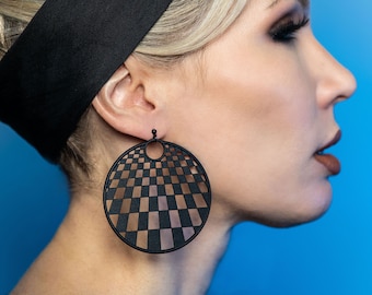 Matte Black Op Art Earrings - Psychedelic Checkerboard Pattern Jewelry - Trippy Vortex Earrings - 1960s Op Art Design - Retro Graphic Design