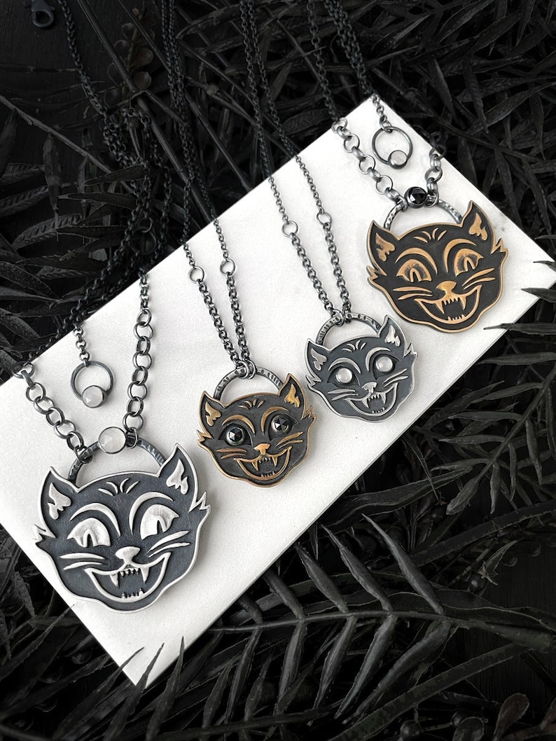 Spooky Halloween Cat Necklace Vintage Halloween Handmade Cat Jewelry Sterling Silver & Bronze Pendants with Moonstone Black Spinel image 1