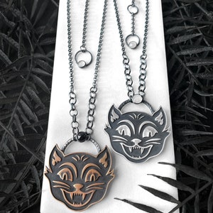 Spooky Halloween Cat Necklace Vintage Halloween Handmade Cat Jewelry Sterling Silver & Bronze Pendants with Moonstone Black Spinel image 3