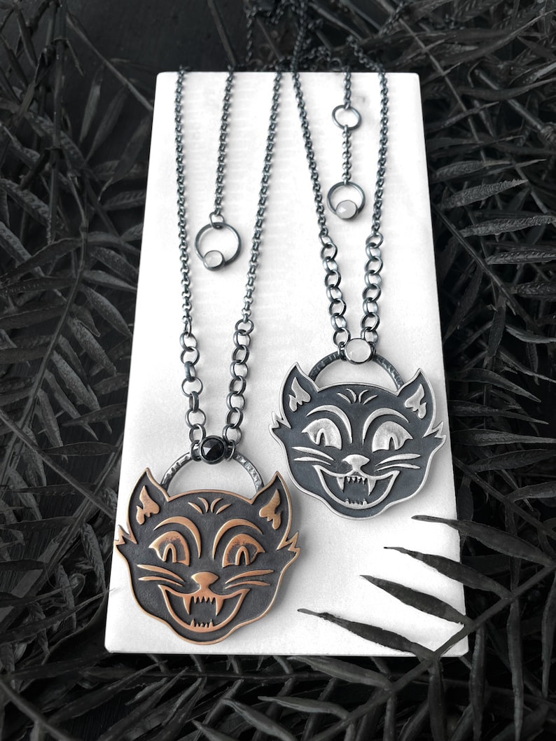 Spooky Halloween Cat Necklace Vintage Halloween Handmade Cat Jewelry Sterling Silver & Bronze Pendants with Moonstone Black Spinel image 3