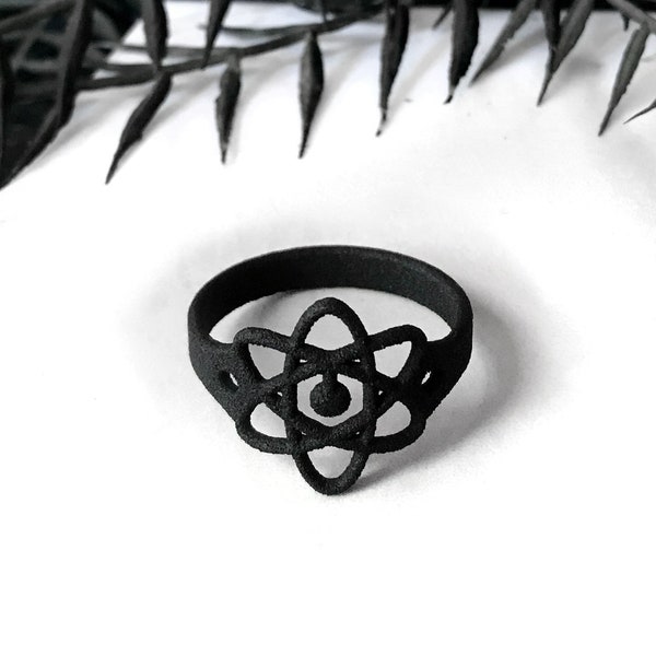 Matte Black Atomic Symbol Ring - Science Jewelry - Atom Jewelry - Atomic Age Retro Jewelry - Flat Black Ring - Physics Jewelry Pro