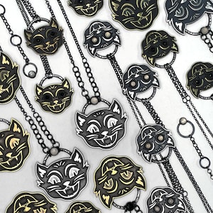 Spooky Halloween Cat Necklace Vintage Halloween Handmade Cat Jewelry Sterling Silver & Bronze Pendants with Moonstone Black Spinel image 8