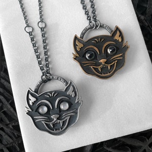 Spooky Halloween Cat Necklace Vintage Halloween Handmade Cat Jewelry Sterling Silver & Bronze Pendants with Moonstone Black Spinel image 6