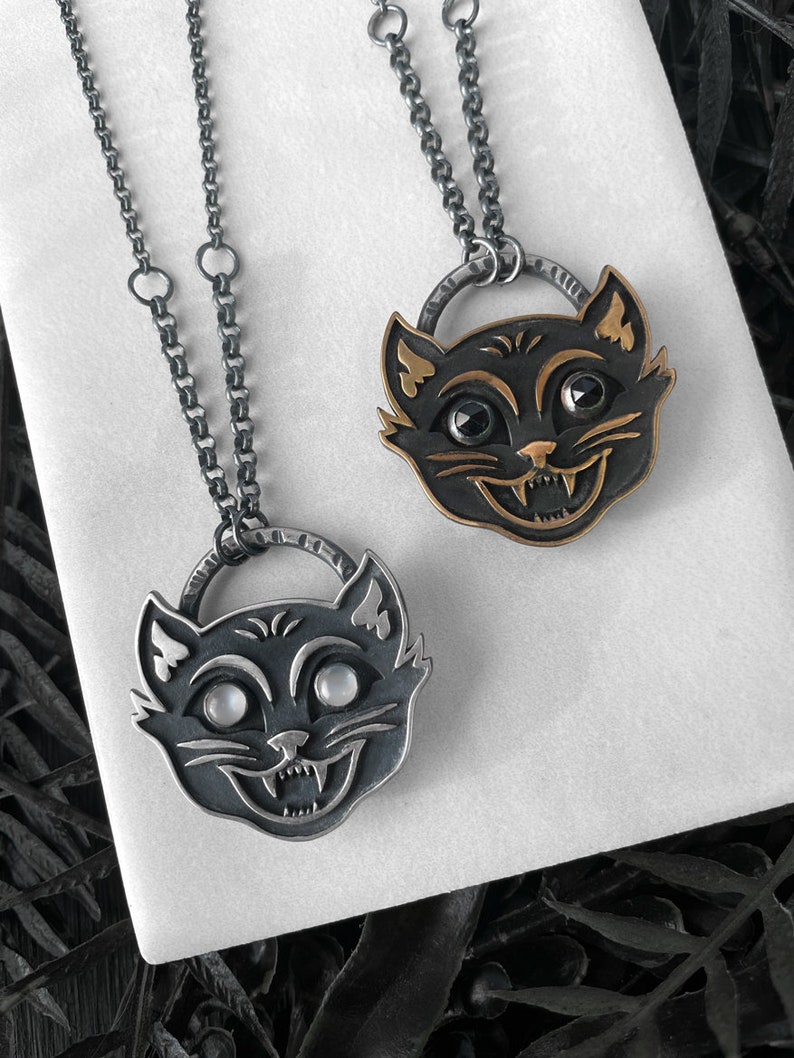 Spooky Halloween Cat Necklace Vintage Halloween Handmade Cat Jewelry Sterling Silver & Bronze Pendants with Moonstone Black Spinel image 6