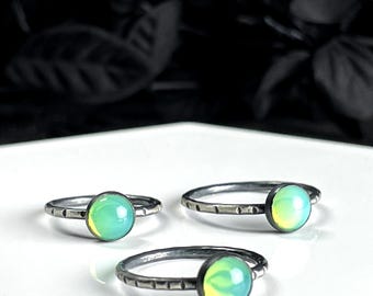 Uranium Glass Ring - Handmade Sterling Silver Stacking Ring - Dainty Iridescent Green Glass Jewelry - UV Reactive Atomic Retro Jewelry