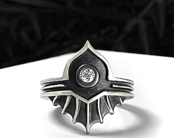 Lagoon Ring - Fancy Bat Wing Art Deco Ring - Inspired by the Creature from the Black Lagoon - Spooky Sterling Silver & Moissanite Jewelry
