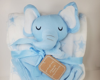 personalized baby blanket gift, blue elephant with bow tie lovey and blanket 2-piece set, custom embroidered new baby or baby shower gift