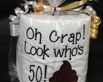 embroidered milestone 30 40 50 60 70 80 90 or 100 birthday toilet paper gag gift, funny birthday gift, old age gag gift, over the hill gift