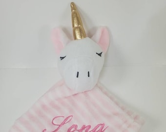 personalized pink baby unicorn stuffed plush lovey animal security blanket baby gift, baby shower gift, monogrammed blanket, Christmas gift