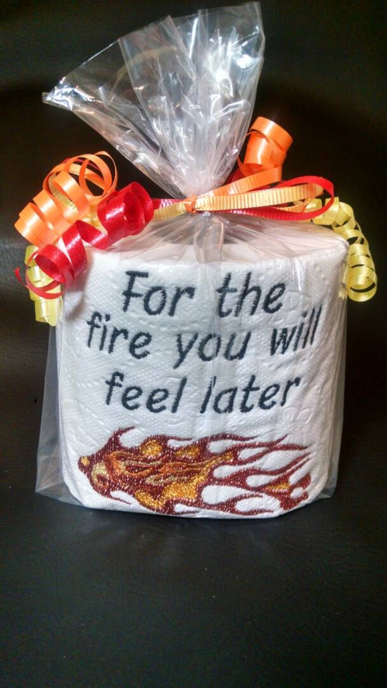 embroidered flames toilet paper with saying, gag gift, hot sauce, Father's day gift, stocking stuffer, Christmas gift image 1