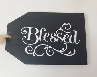 home decor, tiered tray decor, blessed, black tag with wooden beads, home decor, country farmhouse rustic decor, gift tag