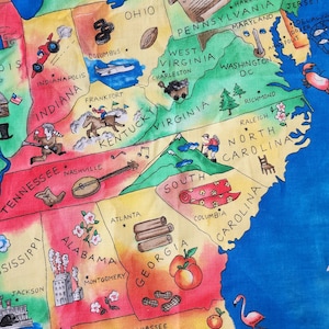 Panel de tela de algodón con mapa educativo y divertido de Estados Unidos, con capitales y símbolos, Fabric Traditions 2001, recurso didáctico para profesores de educación en el hogar. imagen 4