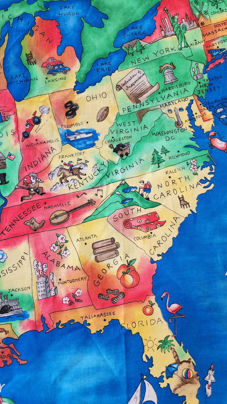 Panel de tela de algodón con mapa educativo y divertido de Estados Unidos, con capitales y símbolos, Fabric Traditions 2001, recurso didáctico para profesores de educación en el hogar. imagen 4