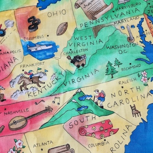Panel de tela de algodón con mapa educativo y divertido de Estados Unidos, con capitales y símbolos, Fabric Traditions 2001, recurso didáctico para profesores de educación en el hogar. imagen 6