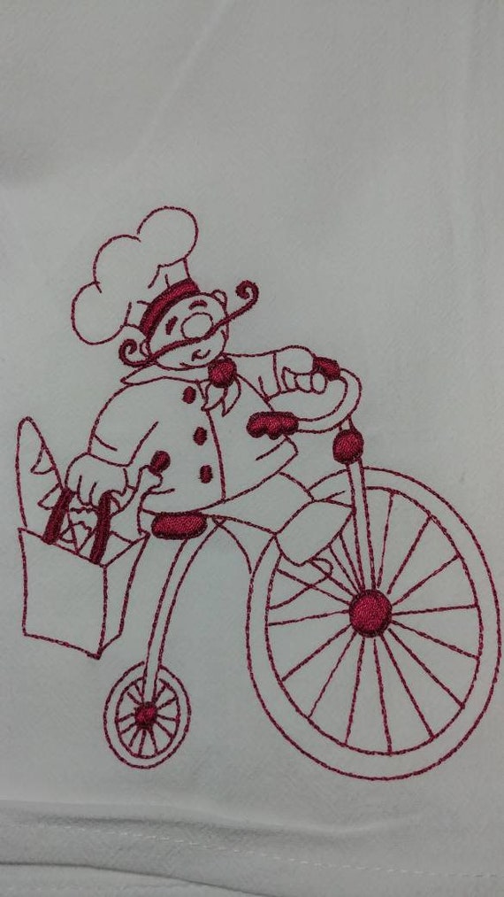 Chef Riding A Bike Embroidered Tea Towel Chef Kitchen Decor Etsy