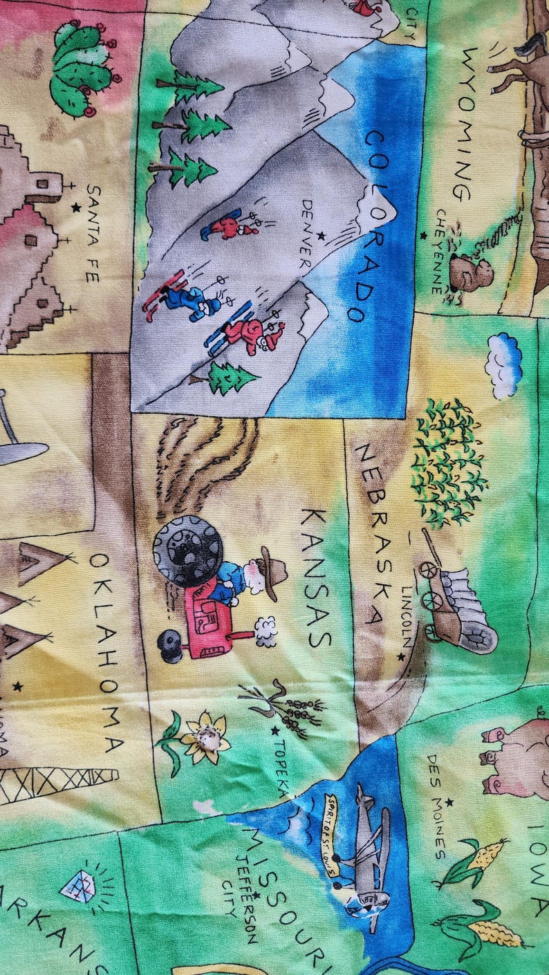 Panel de tela de algodón con mapa educativo y divertido de Estados Unidos, con capitales y símbolos, Fabric Traditions 2001, recurso didáctico para profesores de educación en el hogar. imagen 7