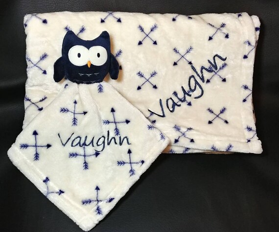 Easter gift blue owl lovey security blanket 2-piece set new baby shower gift custom personalized embroidered baby gift