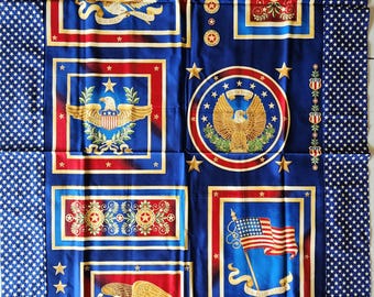 Americana fabric panel with eagles and other patriotic symbols with a 3.5 inch blue star border added, 250th USA anniversary quilt of valor