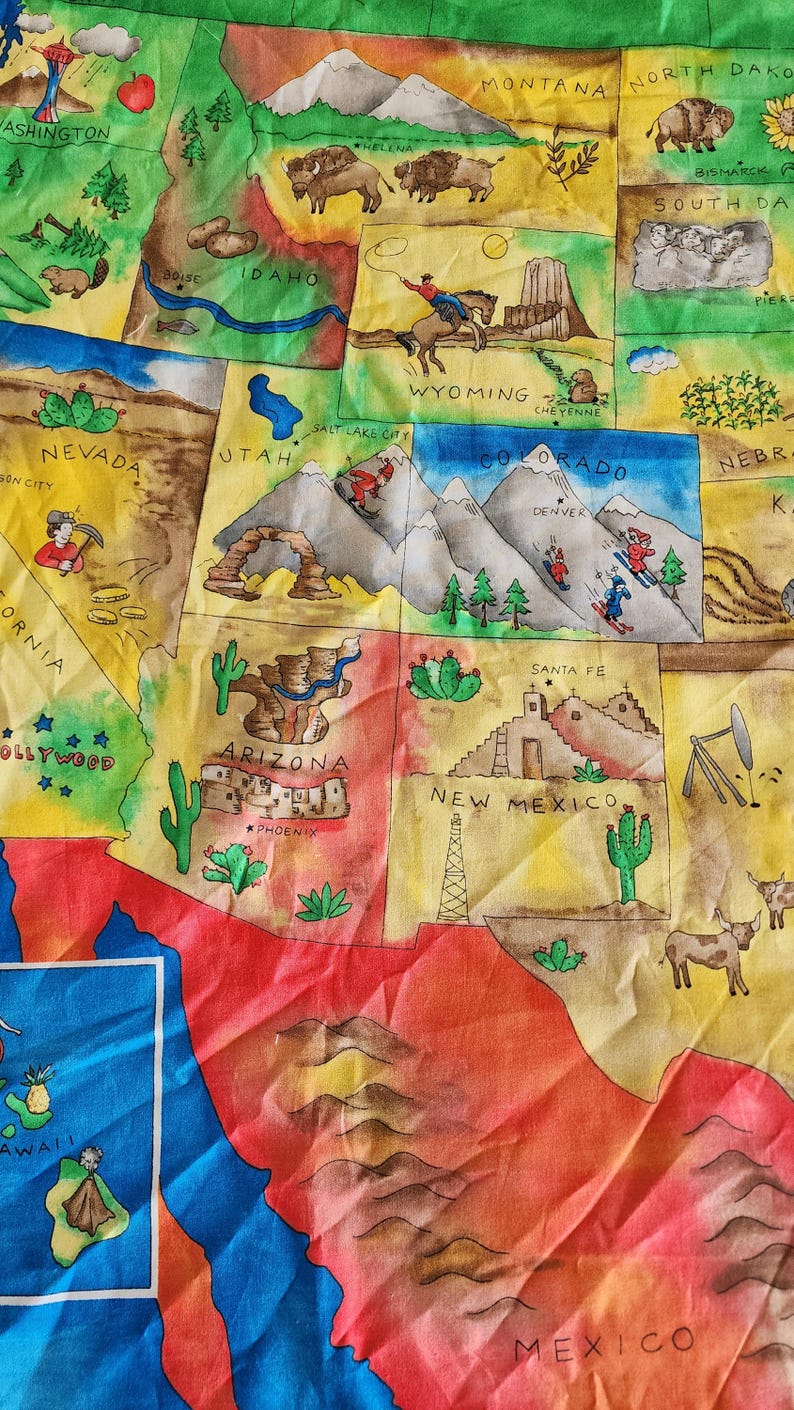 Panel de tela de algodón con mapa educativo y divertido de Estados Unidos, con capitales y símbolos, Fabric Traditions 2001, recurso didáctico para profesores de educación en el hogar. imagen 5