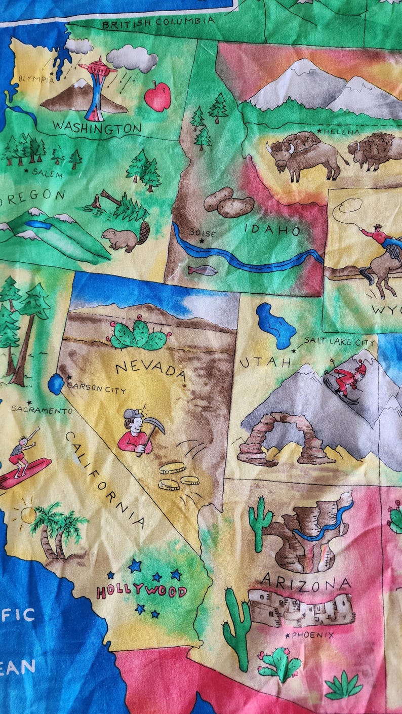 Panel de tela de algodón con mapa educativo y divertido de Estados Unidos, con capitales y símbolos, Fabric Traditions 2001, recurso didáctico para profesores de educación en el hogar. imagen 8