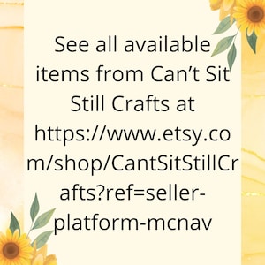 Puede incluir: Gr&aacute;fico rectangular con fondo de acuarela amarillo y dorado. El texto dice: "Ver todos los art&iacute;culos disponibles de Can't Sit Still Crafts en https://www.etsy.com/shop/CantSitStillCrafts?ref=seller-platform-mcnav". Decorado con girasoles.