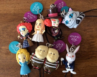 Movie Alice in wonderland figure charms.Select one.Queen Mad hatter Cheshire cat Tweedie and Dam White Rabbit