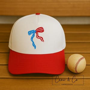 Patriotic Trucker Hat with American Flag Ribbon – Red and White Snapback | 4th of July Hat | Crow & Co Embroidery