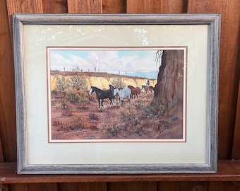 Ron Stewart westernkunstenaar origineel schilderij Native American "New Ponies" 1977 ingelijst