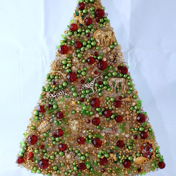 17" Jeweled Christmas tree. Handmade with beads and vintage jewlery.