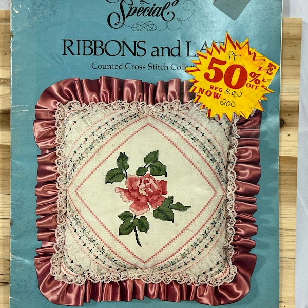 Something Special Ribbons and Lace Counted Cross Stitch Collection - Designs by Candi Martin - 1983 - Water Damage, all pages intact