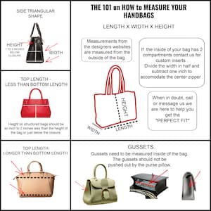 Puede incluir: Diagrama que muestra c&oacute;mo medir la longitud, el ancho y la altura de un bolso de mano. El diagrama incluye instrucciones sobre c&oacute;mo medir los bolsos estructurados y los bolsos con fuelle. El texto dice "El 101 sobre c&oacute;mo medir tus bolsos de mano. Longitud x Ancho x Altura."