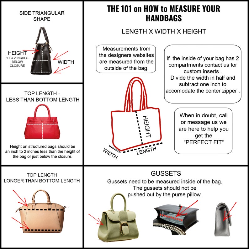 Puede incluir: Diagrama que muestra c&oacute;mo medir la longitud, el ancho y la altura de un bolso de mano. El diagrama incluye instrucciones sobre c&oacute;mo medir los bolsos estructurados y los bolsos con fuelle. El texto dice "El 101 sobre c&oacute;mo medir tus bolsos de mano. Longitud x Ancho x Altura."