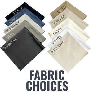 Puede incluir: Muestras de tela en varios colores, incluyendo negro, azul marino, gris hielo, gris, carb&oacute;n, dorado, crema, marfil, blanco y archivo. Las muestras est&aacute;n dispuestas en dos columnas, con el texto "FABRIC CHOICES" debajo.