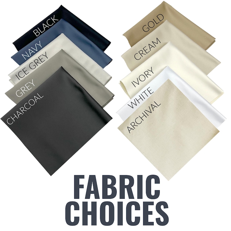 Puede incluir: Muestras de tela en varios colores, incluyendo negro, azul marino, gris hielo, gris, carb&oacute;n, dorado, crema, marfil, blanco y archivo. Las muestras est&aacute;n dispuestas en dos columnas, con el texto "FABRIC CHOICES" debajo.