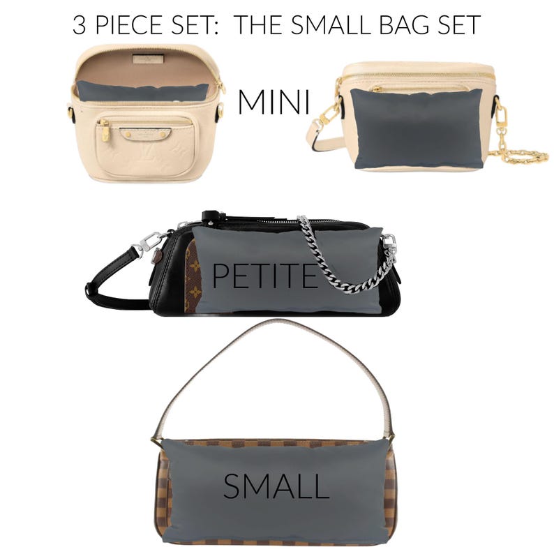 Puede incluir: Un conjunto de tres bolsos de diferentes tama&ntilde;os: Mini, Petite y Small. Los bolsos est&aacute;n hechos de una tela estampada en marr&oacute;n y beige con un forro gris. Los bolsos tienen una correa para el hombro y un asa superior.
