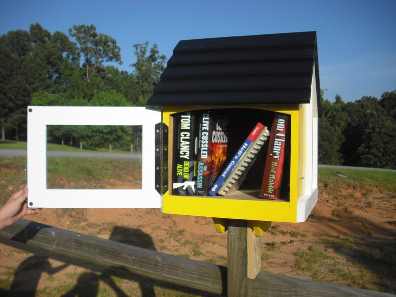 Little house on a stick neighborhood book box library custom painted Deluxe Three Colors with Post Mount fully assembled