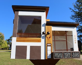 Custom, Prairie Style Little house, book box, neighborhood lending library, 2-tiered home, rock wall, weatherproof, post mount,metal roof