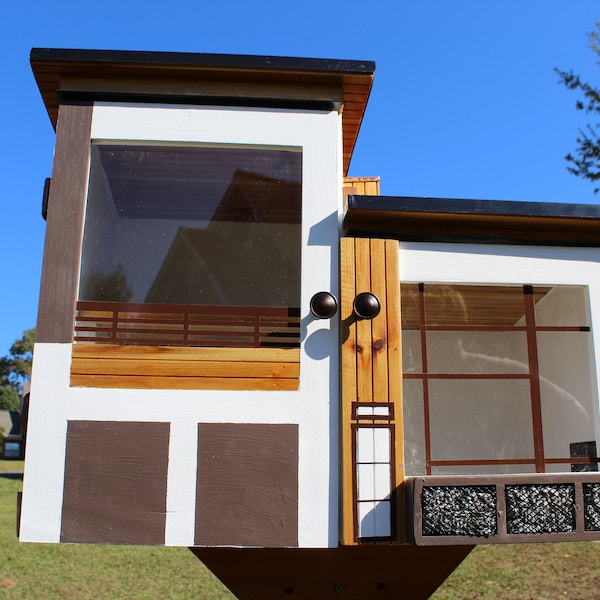 Custom, Prairie Style Little house, book box, neighborhood lending library, 2-tiered home, rock wall, weatherproof, post mount,metal roof