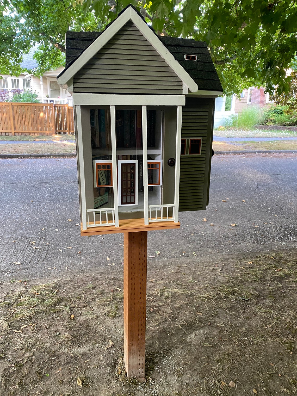 Custom “L” Shaped Library, Pantry, and Geocache, Shingled Roof, Front ...