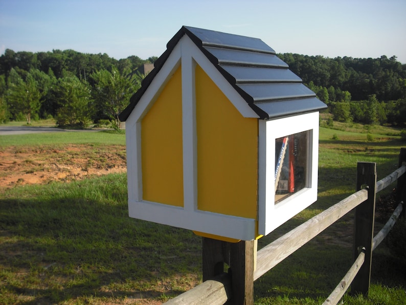 Little house on a stick neighborhood book box library custom painted Deluxe Three Colors with Post Mount fully assembled