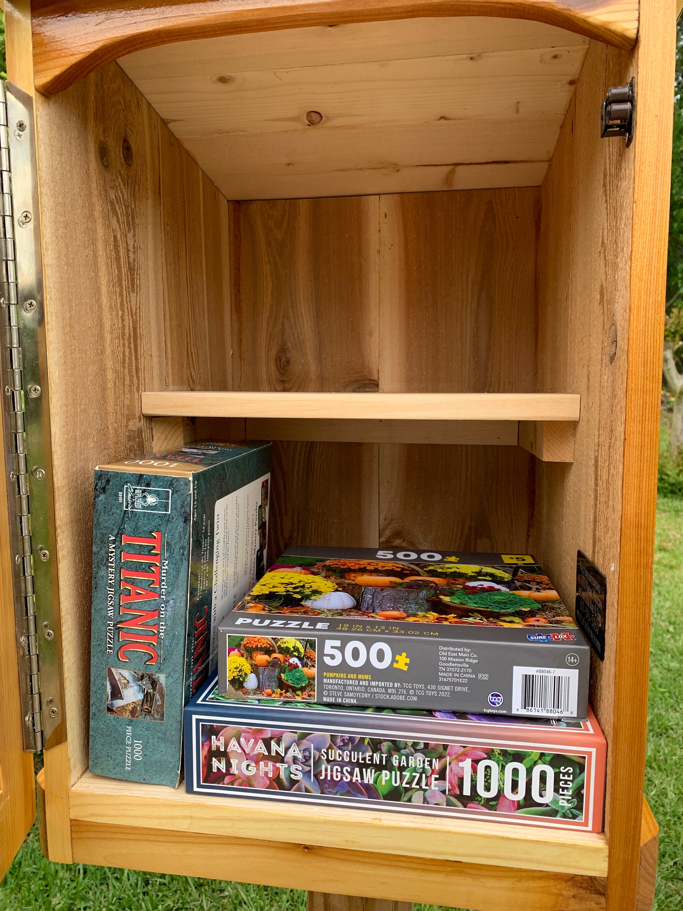 Cedar Puzzle Exchange Box, Weatherproof Lending Library, With Post
