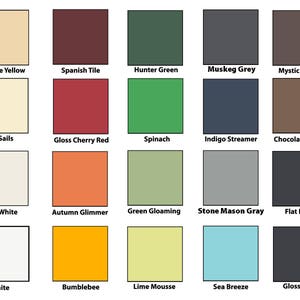 May include: A color palette featuring twenty squares, each displaying a different paint color. Colors range from Cottage Yellow to Gloss Black, including shades like Hunter Green, Sea Breeze, and Bumblebee. Each square has the color name printed below it.