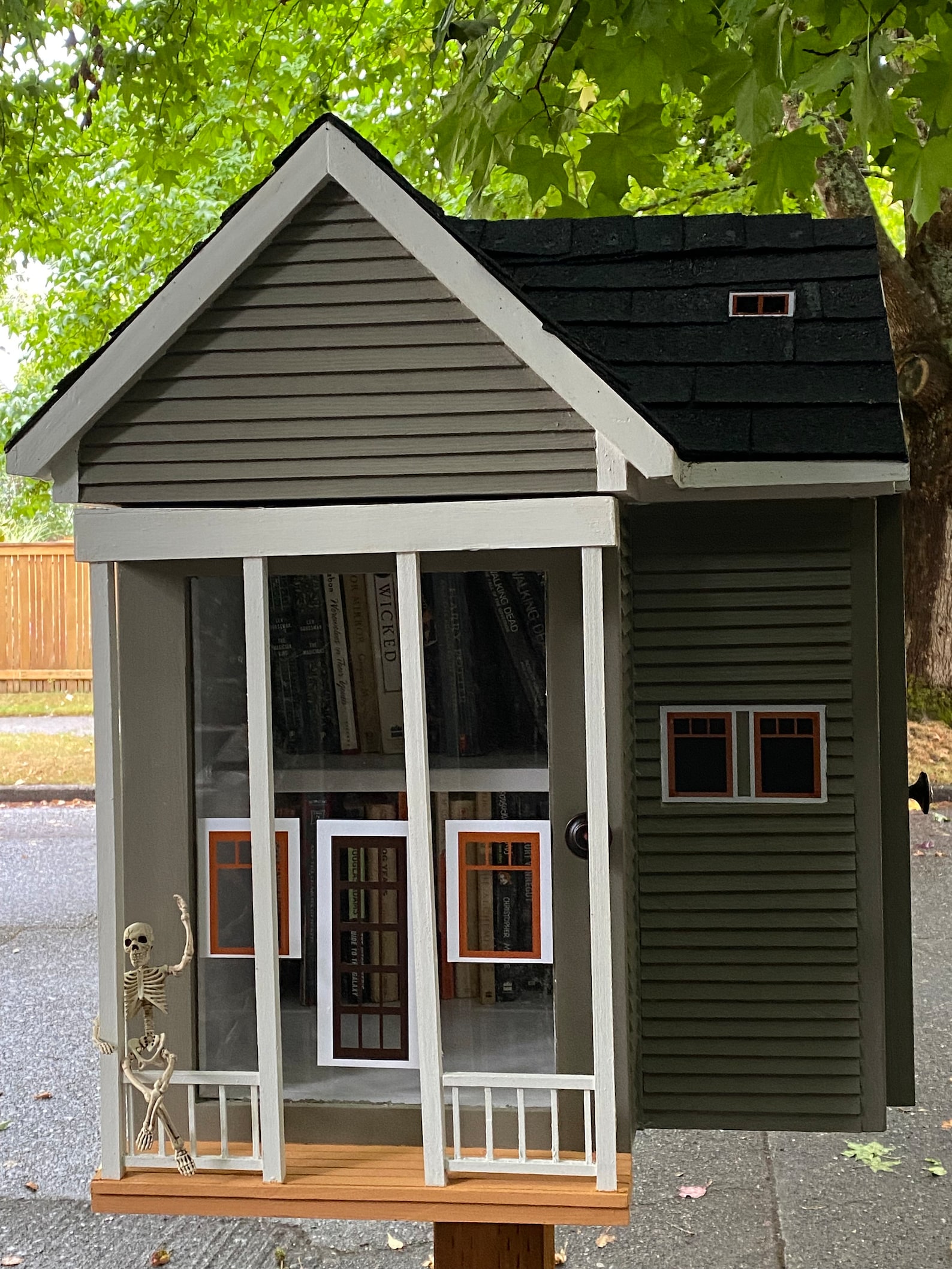 Custom “L” Shaped Library, Pantry, and Geocache, Shingled Roof, Front ...