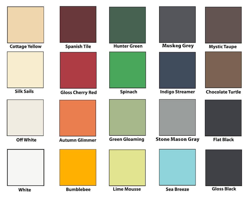 May include: A color chart with 20 paint color swatches. The colors include Cottage Yellow, Spanish Tile, Hunter Green, Muskeg Grey, Mystic Taupe, Silk Sails, Gloss Cherry Red, Spinach, Indigo Streamer, Chocolate Turtle, Off White, Autumn Glimmer, Green Gloaming, Stone Mason Gray, Flat Black, White, Bumblebee, Lime Mousse, Sea Breeze, and Gloss Black.