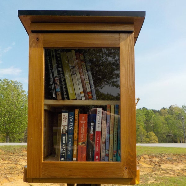 PB, Neighborhood book exchange, Little book house, Shed Roof, lending library, STAINED, weatherproof, with post mount & steel roof