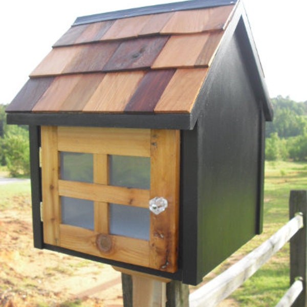 Shingled Roof, Little House on a Stick-- painted one color, with STAINED divided lite door and Cedar Post Mount-- FULLY Assembled