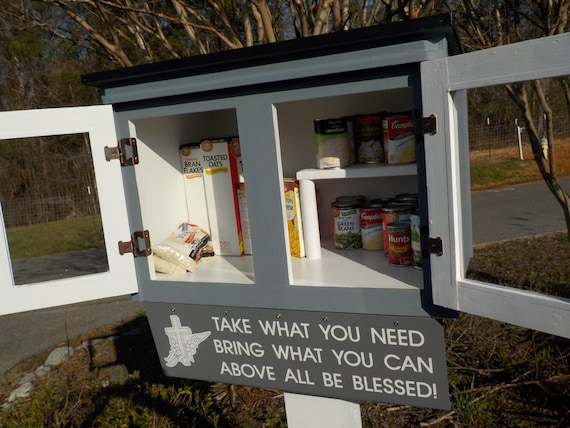 Little Free Pantry--one color with metal roof and two doors, loose post mount, assembled with optional solar light and sign