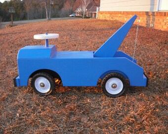 Handmade Pine Wood Tow Truck Riding Toy, Light Blue