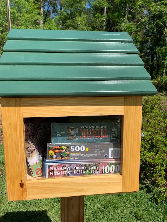 Cedar Puzzle Exchange Box, Weatherproof Lending Library, Post